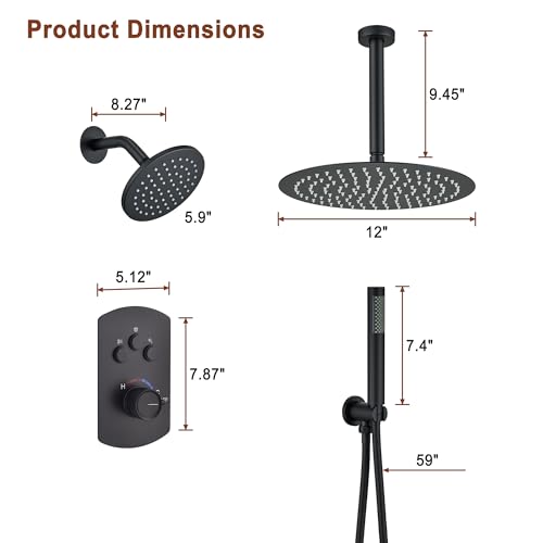 MONDAWE 12 Inch Ceiling Mounted Black Shower System, Dual Rainfall Shower Head & High Pressure Handheld Spray Combo, 3-Function Luxury Shower Faucet Set for Bathroom, All Functions Work Simultaneously - color: Matte Black