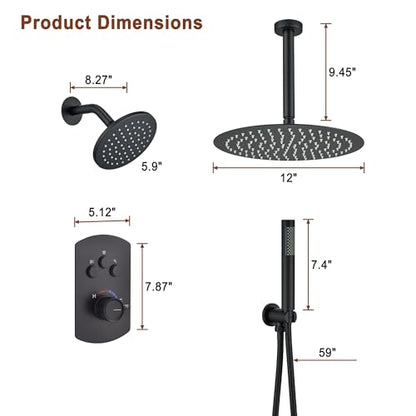 MONDAWE 12 Inch Ceiling Mounted Black Shower System, Dual Rainfall Shower Head & High Pressure Handheld Spray Combo, 3-Function Luxury Shower Faucet Set for Bathroom, All Functions Work Simultaneously - color: Matte Black