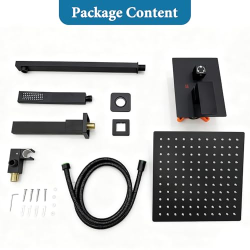 12 inch Square Shower Head and Handheld Set, Gasecoet Shower System with Tub Spout Wall Mounted Shower Faucet for Bathroom - Matte Black (With Shower Valve) - color: Matte Black, style: 3 Setting-12in