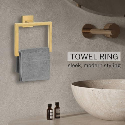 2-Piece Brushed Gold Towel Ring,Square Hand Towel Holder,Stainless Steel Modern Towel Holder Wall-Mounted Bathroom Towel Ring Towel Rack - color: Brushed Gold, size: 2 Pcs