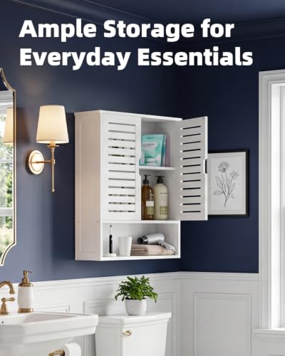 SMIBUY Bathroom Cabinet Wall Mounted, Bamboo Over-The-Toilet Storage Organizer, Space Saver Medicine Cabinet with 2 Door and Adjustable Shelves (White) - color: White