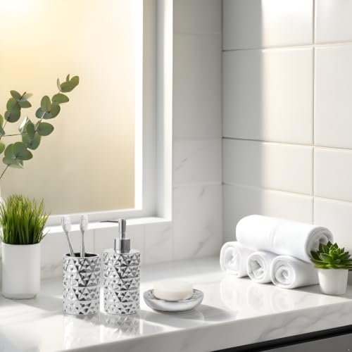 Silver Bathroom Accessories Set 3 PCS, Dispenser, Soap Dish and Vase | Diamond Ceramic Bathroom Accessory Complete Set - Lotion Dispenser, Soap Dish,Vase for Countertop Vanity - color: Silver
