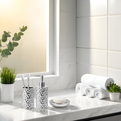 Silver Bathroom Accessories Set 3 PCS, Dispenser, Soap Dish and Vase | Diamond Ceramic Bathroom Accessory Complete Set - Lotion Dispenser, Soap Dish,Vase for Countertop Vanity - color: Silver