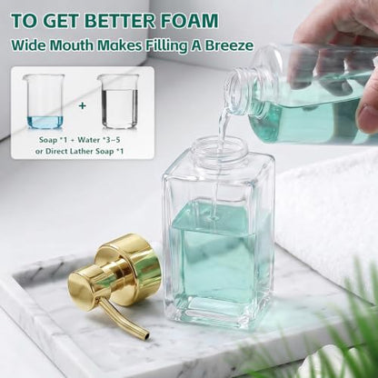 Foaming Soap Dispenser, 12oz/350ml Glass Foaming Hand Soap Dispenser Set, 2Pcs Refillable Foam Soap Dispenser with Foaming Pump, Labels, Square Foam Soap Hand Dispenser for Bathroom, Gold - color: Clear Bottle +Gold Pump