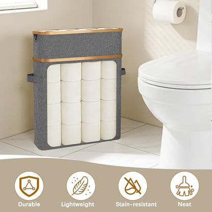 Livole Toilet Paper Storage Basket with Lid & Toilet Tank Basket | Free Standing, Large Capacity for 20 Regular Rolls or 15 Mega Rolls, Dual Handles, Clear Window, Bathroom, Grey - color: Grey