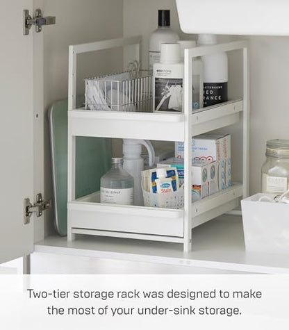 Yamazaki Home Under-Sink Rack, Two-Tier with Pull-Out Shelf, Steel, White | Versatile under-sink rack features a two-tier organization system with sliding drawers. Adds practical everyday storage. - color: White