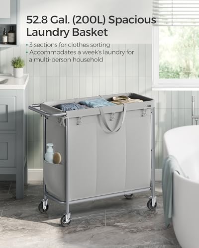 SONGMICS Laundry Basket with Wheels, 3-Section Rolling Laundry Hamper, 52.8 Gallons (200 L), Removable Liner, Steel Frame with Handle, 35.8 x 15.4 x 31.9 Inches, Dove Gray URLS005G01 - color: Dove Gray, size: 200 L (3-Section)