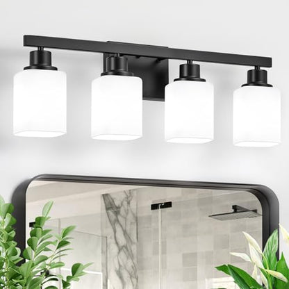 4-Light Bathroom Vanity Light, Modern Matte Black Bathroom Light Fixtures with Square Frosted Glass, Wall Sconces fixtures Over Mirror Restroom,Living Room Hallway E26 - color: Black, size: 4-Light