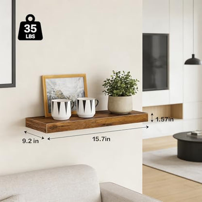 Solid Wood Floating Shelves Set of 2 - Waterproof Scratch Resistant Wall Mounted Shelves, Country Style Brown (15.75 in W × 9.25 in D × 1.57 in H) for Bedroom Bathroom Kitchen Living Room - color: Country Style Brown, size: 15.75'W *9.25"D*1.57"H ,Set of