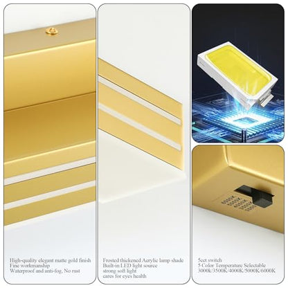 Ralbay 24inch Gold Vanity Light with 5 Color Temperature (2700K-6000K) Dimmable Acrylic Metal 24W LED Modern Matte Gold Bathroom Vanity Light Bar - color: Gold, size: 24 inch