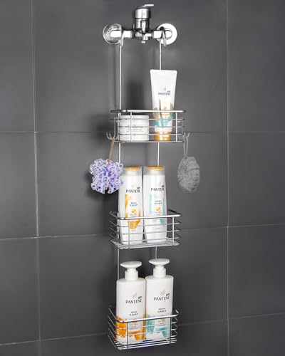 YQH 3-Tier Hanging Shower Rack - Door Organizer with 2 Hooks for Razor, Shower Balls and More (3 Tiers)