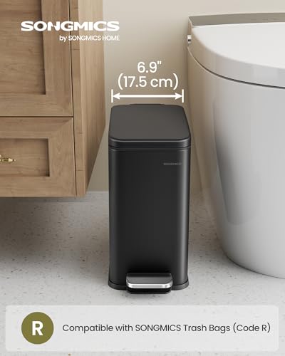 SONGMICS Bathroom Trash Can, 2.6 Gallon (10 L) Small Trash Bin with Lid, Slim for Small Spaces, Stainless Steel Garbage Can, Soft Close, Black ULTB561B10 - color: Black, style: 2.6 Gal.