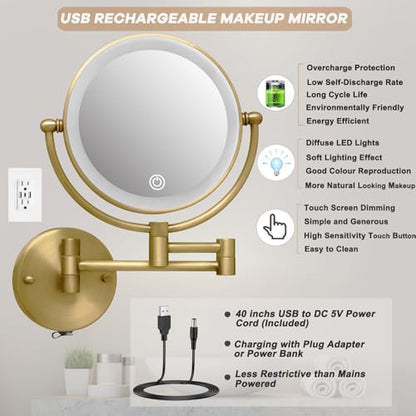 Wall Mounted Makeup Mirror with Light and Magnification 10X, Antique Brass | 8" Bathroom Double Sided Magnifying Vanity, Touch Dimmable, Extended Arm 360 Rotation Foldable Shaving, Brushed, Rechargeable - color: Antique Brass