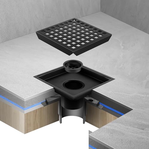 Shower Drain, Matte Black 6 inch Square Shower Floor Drain with Flange, Removeable Grid Panel SUS 304 Stainless Steel Square Shower Drain - color: Matte Black, size: 6 inch
