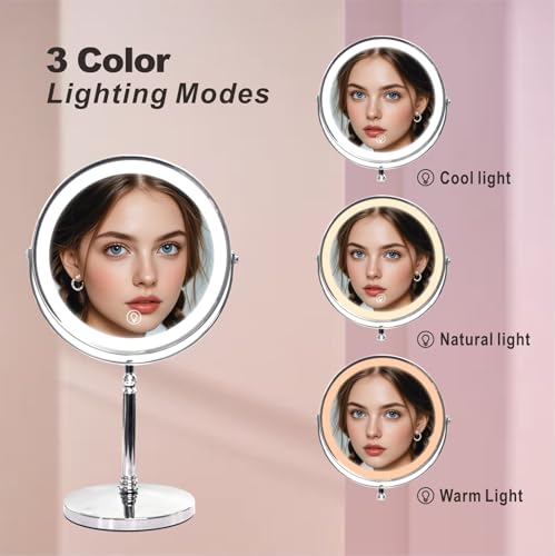 Makeup Mirror with Lights ，8 Inch 1X/10X Rechargeable Double Sided Magnifying, 360° Rotation LED HD Mirror with 3 Colors，Brightness Adjustable, Gifts for Women & Men