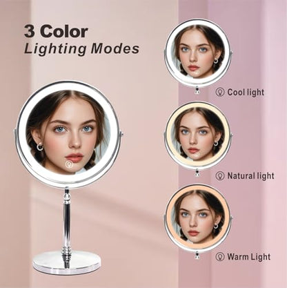 Makeup Mirror with Lights ，8 Inch 1X/10X Rechargeable Double Sided Magnifying, 360° Rotation LED HD Mirror with 3 Colors，Brightness Adjustable, Gifts for Women & Men