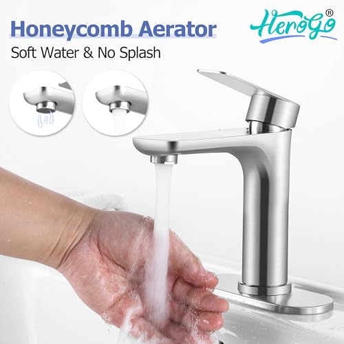 Herogo Bathroom Sink Faucet 1 or 3 Holes, Brushed Nickel Bathroom Faucet with Pop-up Drain, Hooks & Water Supply Hoses, Stainless Steel, Single Handle, for Vanity RV Farmhouse - color: Brushed Nickel