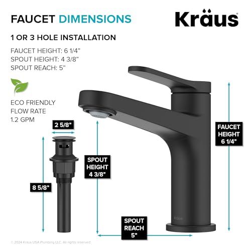 KRAUS Indy Bathroom Faucet in Matte Black with Single Handle, Pop Up Drain and Supply Lines, KBF-1411MB - color: Matte Black, style: Basin + Pop-Up Drain