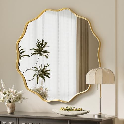 Gold Scalloped Circle Mirror, 30" Wavy Edge Round Wall Mirror | Tempered Glass Textured Circular Metal Deep Frame, Hanging Leaning for Bathroom, Hallway, Entryway, Livng Room - color: Gold, size: 30"L x 30"W