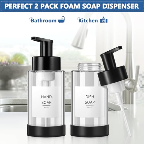 RYTOXILO Foaming Soap Dispenser, 10 oz/300ml Foaming Hand Soap Dispenser, 2 Pack Glass Dispenser with 2 Non-Slip Silicone Bottom Sleeve, Refillable Foam Dispenser for Bathroom & Kitchen - color: Clear Bottle, size: 10 Fl oz with Silicone Boot