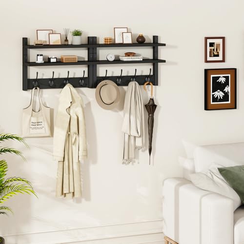 YMYNY Double Shelf Coat Rack Wall Mount with 8 Hooks, Black HWS009B-2 | Wooden Coat Hanger Key Holder Wall Mount for Coats Hats Keys - Wood Wall Mounted Coat Rack with Shelf for Entryway & Bathroom - color: Black