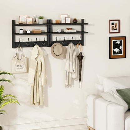 YMYNY Double Shelf Coat Rack Wall Mount with 8 Hooks, Black HWS009B-2 | Wooden Coat Hanger Key Holder Wall Mount for Coats Hats Keys - Wood Wall Mounted Coat Rack with Shelf for Entryway & Bathroom - color: Black