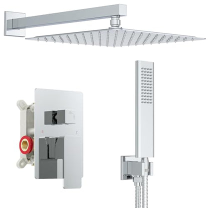 Iriber 12 Inch Bathroom Shower System Polish Chrome Wall Mounted Square Mixer Shower Faucet Combo Set with Hand Held Rough-in Valve Rainfall Shower and Trim - color: Chrome 05
