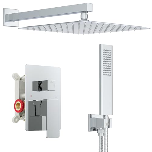 Iriber 12 Inch Bathroom Shower System Polish Chrome Wall Mounted Square Mixer Shower Faucet Combo Set with Hand Held Rough-in Valve Rainfall Shower and Trim - color: Chrome 05
