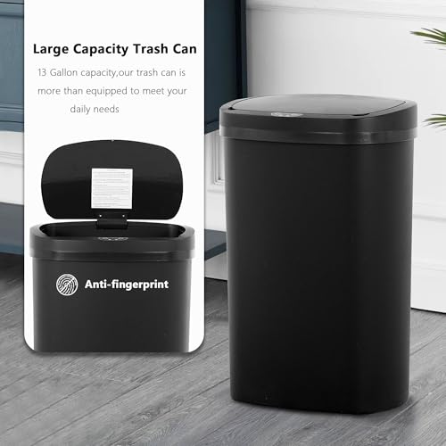 13 Gallon/50 L Kitchen Trash Can with Lid, Garbage Can with Touch-Free Lid, Cute Automatic Trash Can Bathroom Trash Bin, Motion Sensor Waterproof Trash Bin - color: Black, size: 1 Trash Can