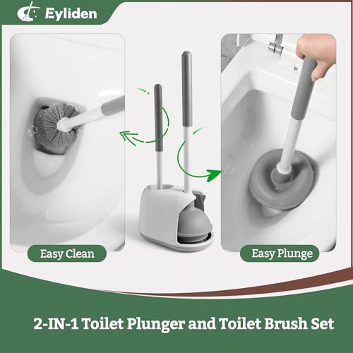 Eyliden Toilet Plunger & Brush Set, 3-Step Suction Cup, Compact Caddy | Space-Saving Toilet Deep Cleaning Combo with Holder, Ultra-Tight Seal, Durable, Nylon Bristles, Bathroom Essentials