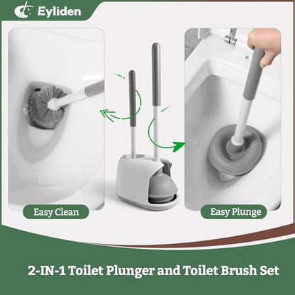 Eyliden Toilet Plunger & Brush Set, 3-Step Suction Cup, Compact Caddy | Space-Saving Toilet Deep Cleaning Combo with Holder, Ultra-Tight Seal, Durable, Nylon Bristles, Bathroom Essentials