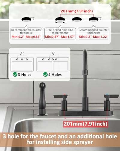 Kitchen Faucet with Side Sprayer, 8 Inch Centerset 4-Hole Black | Lead-Free 4-Hole High Arc Kitchen Sink Faucet, 1.8 GPM, 360° Spout - color: Black