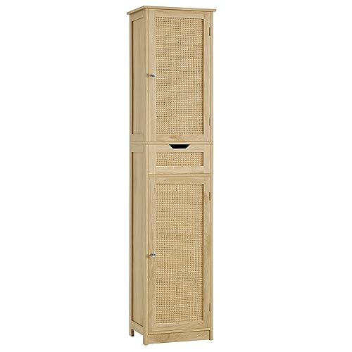 Iwell Tall Narrow Storage Cabinet with Doors, Rattan Cabinet with Adjustable Shelves, Freestanding Linen Storage for Living Room, Entryway, Kitchen, Bathroom, Natural - color: Natural