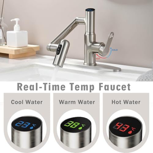Rotatable Bath Faucet with Temp Display in Celsius, Single Hole Brushed Nickel and 3 Outlet Modes Faucet, Battery-Free - color: Brushed Nickel