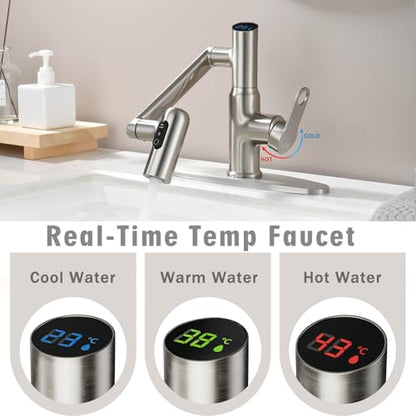 Rotatable Bath Faucet with Temp Display in Celsius, Single Hole Brushed Nickel and 3 Outlet Modes Faucet, Battery-Free - color: Brushed Nickel