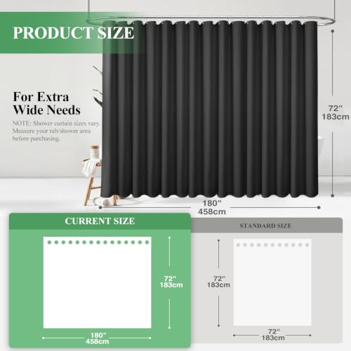 Extra Wide Waffle Shower Curtain 256 GSM Fabric 180x72 Black | 180 Inch Wide, Thick Cloth, Weighted Hem, Water Repellent, Hotel Luxury Polyester Shower Curtain Set for Bathroom 32 Hooks - color: Black, size: 180"W x 72"L (Pack of 1)