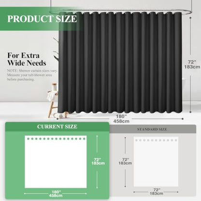 Extra Wide Waffle Shower Curtain 256 GSM Fabric 180x72 Black | 180 Inch Wide, Thick Cloth, Weighted Hem, Water Repellent, Hotel Luxury Polyester Shower Curtain Set for Bathroom 32 Hooks - color: Black, size: 180"W x 72"L (Pack of 1)