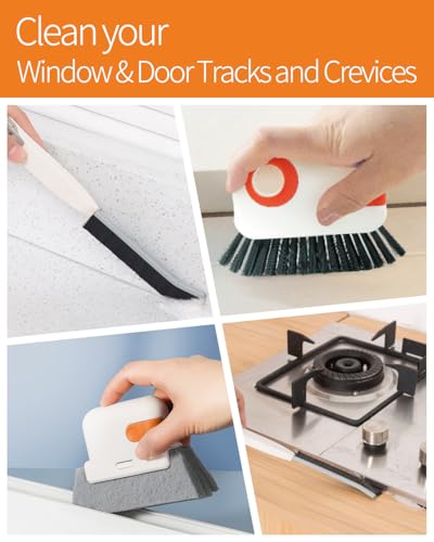 Window Sill Cleaner Tool, Sliding Door Track Cleaner, 8-Piece Brush Kit | Hard Bristle, Crevice and Sponge Brushes with Replacement Heads for Window Grooves, Shower Tracks, Grout, Sinks and Vents