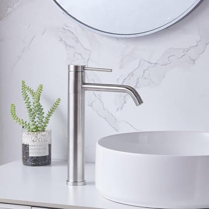 Hotis Vessel Sink Faucet Brushed Nickel, Stainless Steel Tall Bathroom Faucet with 360° Swivel Spout, Single Handle 1 Hole Bathroom Faucets with Supply Lines and Pop Up Drain, HT-BF100 - color: Brushed Nickel