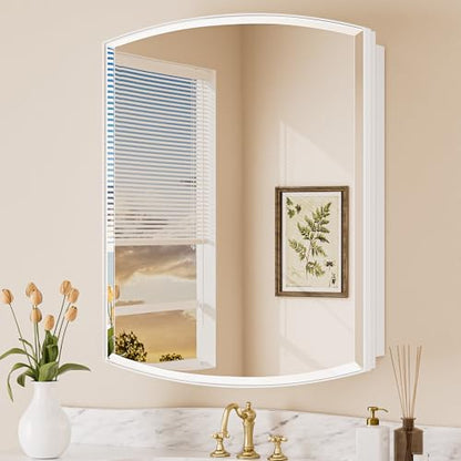 Keonjinn White Medicine Cabinet with Mirror 24” x 30”, Metal Framed Wall Cabinet with Beveled Mirror, Surface Mount or Recessed Medicine Cabinet for Bathroom, Bathroom Mirror with Storage | Metal Framed, Wall-Mounted or Recessed Bathroom Oval Medicine Cab