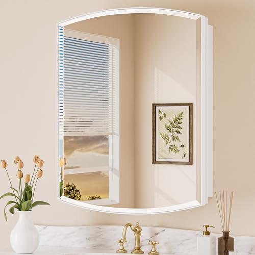 Keonjinn White Medicine Cabinet with Mirror 24” x 30”, Metal Framed Wall Cabinet with Beveled Mirror, Surface Mount or Recessed Medicine Cabinet for Bathroom, Bathroom Mirror with Storage | Metal Framed, Wall-Mounted or Recessed Bathroom Oval Medicine Cab