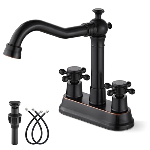 gotonovo 4 Inch Centerset Bathroom Faucet 2 Cross Handles Deck Mount 2 Hole Lavatory Vanity Utility Mixer Tap with Water Supply Hoses and Pop Up Drain RV Farmhouse, Oil Rubbed Bronze - color: Oil Rubbed Bronze