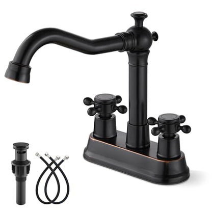 gotonovo 4 Inch Centerset Bathroom Faucet 2 Cross Handles Deck Mount 2 Hole Lavatory Vanity Utility Mixer Tap with Water Supply Hoses and Pop Up Drain RV Farmhouse, Oil Rubbed Bronze - color: Oil Rubbed Bronze
