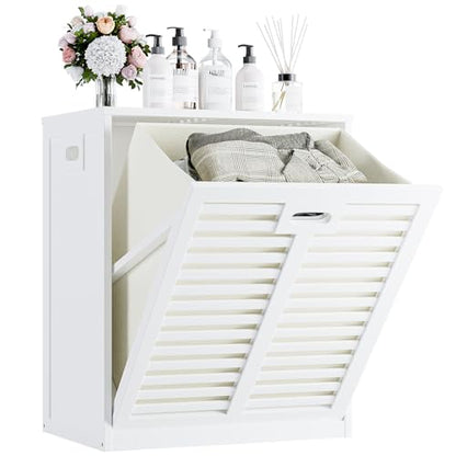 HITNET Tilt Out Laundry Hamper Cabinet, Bathroom Laundry Cabinet with 20 Gallon Clothes Basket, Space Saving Freestanding Bamboo Storage Organizer for Towels and Toys, White - color: White