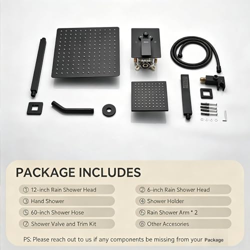 Dual Rainfall Shower Head System Matte Black, 3-Function Push Button Shower Faucet Set with 12" Wall Mount Rain shower head and 6" Wall Mount Shower Head, Pressure Balance Rough-in Valve - color: Matte Black, style: Wall Mount