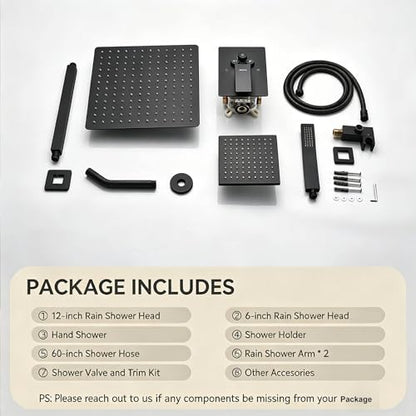 Dual Rainfall Shower Head System Matte Black, 3-Function Push Button Shower Faucet Set with 12" Wall Mount Rain shower head and 6" Wall Mount Shower Head, Pressure Balance Rough-in Valve - color: Matte Black, style: Wall Mount
