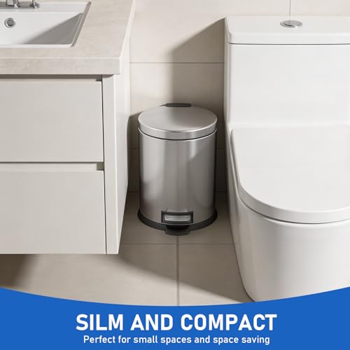 SIMPLYKLEEN Bathroom Trash Can with Lid - 2PC 1.3 Gallon/5L Oval Small Trash Can with Soft-Close Lid, Foot Pedal, Brushed Stainless Steel, Removable Liner, Garbage can for Kitchen, Office, Home Silver - color: Silver, size: 5L Oval 2PC