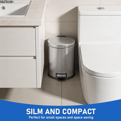 SIMPLYKLEEN Bathroom Trash Can with Lid - 2PC 1.3 Gallon/5L Oval Small Trash Can with Soft-Close Lid, Foot Pedal, Brushed Stainless Steel, Removable Liner, Garbage can for Kitchen, Office, Home Silver - color: Silver, size: 5L Oval 2PC