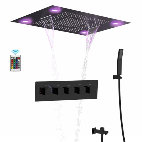 Cascada Classic Design 31 Inch (600mmx800mm) Large Rain Shower Set with Waterfall LED Rectangle recessed ceiling-mount 4 Function shower head (Oil Rubbed Bronze) - color: Oil Rubbed Bronze