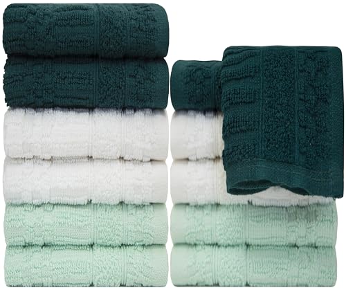 PH Pleasant Home Diamond Wash Cloths Set - 12 Pack (12” x 12”) – 509 GSM - 100% Ring Spun Cotton Wash Cloth - Super Soft and Highly Absorbent Face Towels (Green, White & Mint) - color: Green, White & Mint, style: Diamond